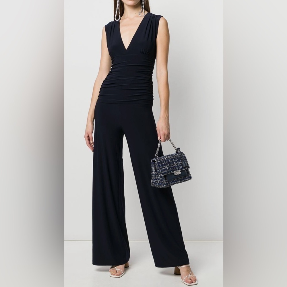 OMO Norma Kamali | Black Sleeveless Wide Leg V Neck Jumpsuit Romper S